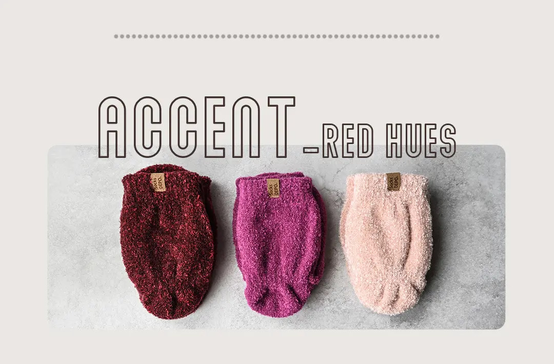 こたついらずソックスのアクセントカラーバリエーション。杢アカ・パープル・サーモンピンクの3色を並べた色見本