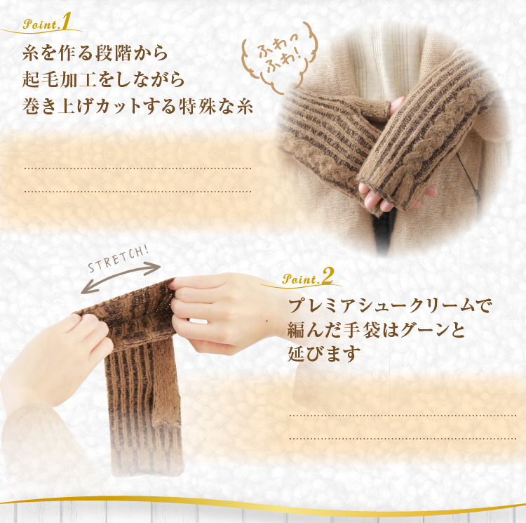 糸を作る段階から起毛加工をしながら巻き上げカットする特殊な糸 プレミアシュークリームで編んだ手袋はグーンと伸びます