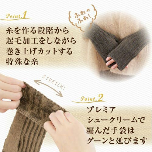糸を作る段階から起毛加工をしながら巻き上げカットする特殊な糸　プレミアシュークリームで編んだ手袋はグーンと