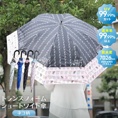 晴雨兼用トランスフォーム傘　かわいいキャラクター調ネコ柄